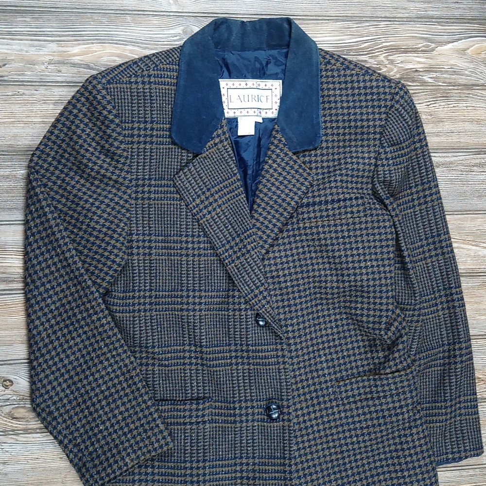 Vintage Laurice Wool Houndstooth Plaid Pattern Leather Sude Collar Button Blazer